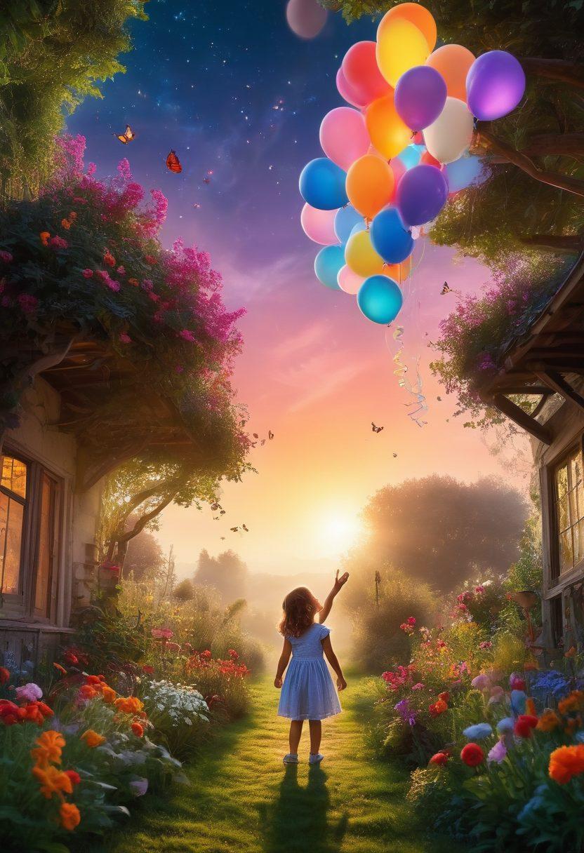 A whimsical scene depicting an enchanting garden filled with luminous flowers, a small child joyfully playing with butterflies and colorful balloons, capturing the essence of tiny joys in everyday life. The sky above transitions from a soft sunrise to a starry twilight, symbolizing the magic in ordinary moments. Secrets of small pleasures are revealed in hidden corners of the garden, wrapped in light. vibrant colors. dreamlike style.