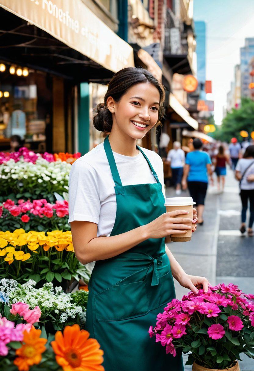 A serene scene depicting a person taking a peaceful moment in a bustling city, surrounded by vibrant flowers symbolizing petite joys. Include small acts of kindness like a smiling barista serving coffee or a child laughing while playing. The background shows a blend of busy streets and natural beauty, emphasizing the contrast. The atmosphere is warm and inviting, capturing the essence of happiness amidst chaos. super-realistic. vibrant colors. 3D.