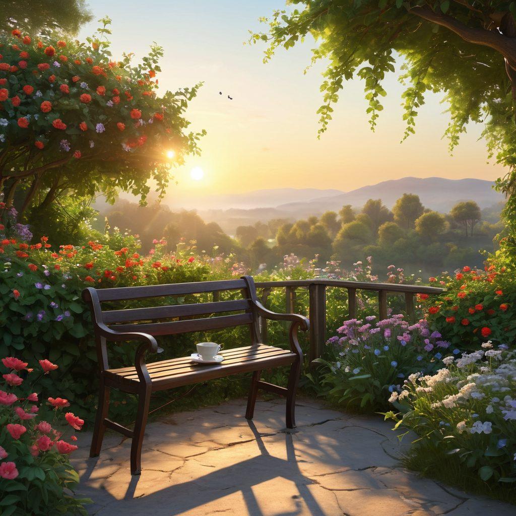 A serene scene depicting a tranquil morning, where a person is savoring a cup of coffee while watching the sunrise, surrounded by blooming flowers and lush greenery. Include subtle elements representing small pleasures, like a book opened on a nearby bench and a butterfly fluttering nearby. Capture the warmth of the moment through soft lighting. vibrant colors. super-realistic.